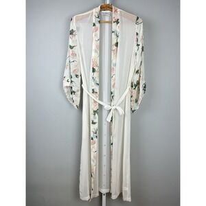 Vintage Val Mode Lingerie Robe Womens S Sheer‎ Ivory Pink Floral Flower Trim